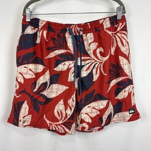 Quiksilver Waterman Mens Sz L Board Shorts Lined Swim Bottoms Red Tropical Print